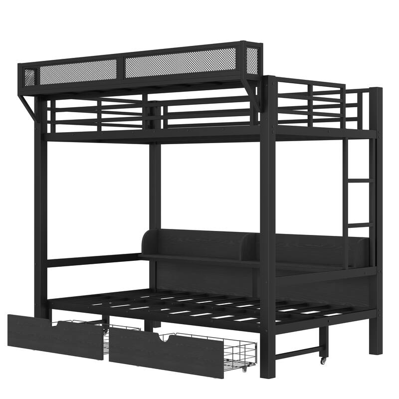 Multifunctional Twin XL over Twin XL Bunk Bed with USB Ports, LED Lights, Shelves and Drawers, Lower Bed Converted into Sofa