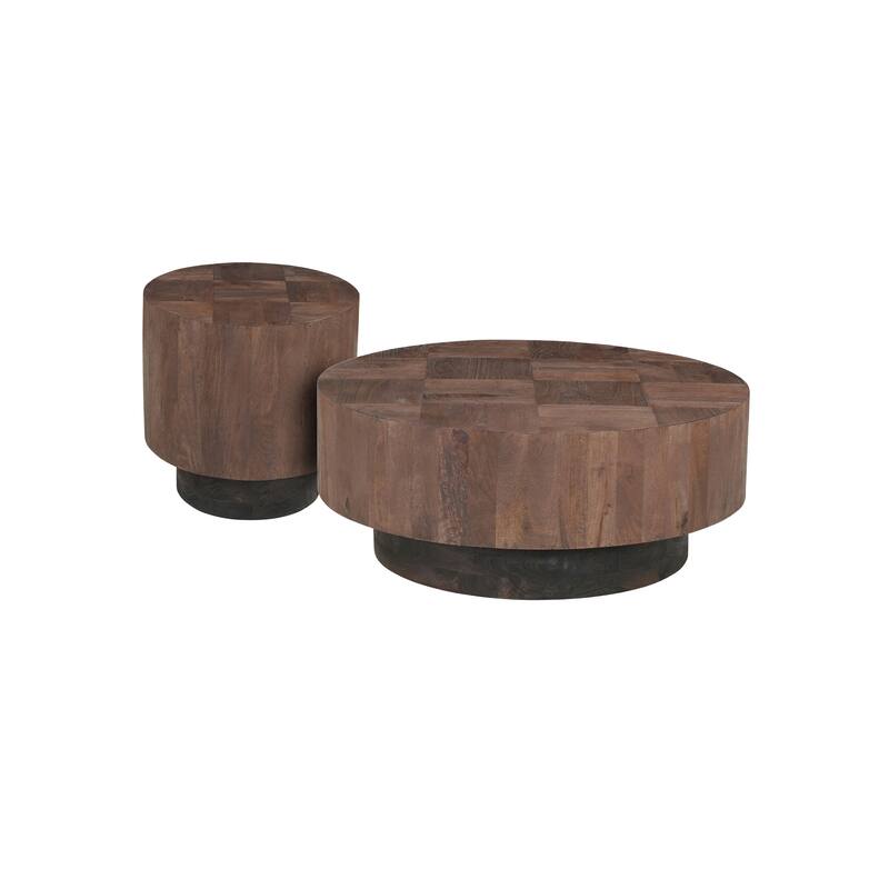 Caden Solid Mango Wood 2-Piece Round Coffee Table Set - Dark Brown