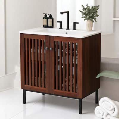 30" Vintage Bathroom Vanity with Ceramic Sink, Soft-Close Fence Doors, Iron Legs & Antique Dark Brown Finish