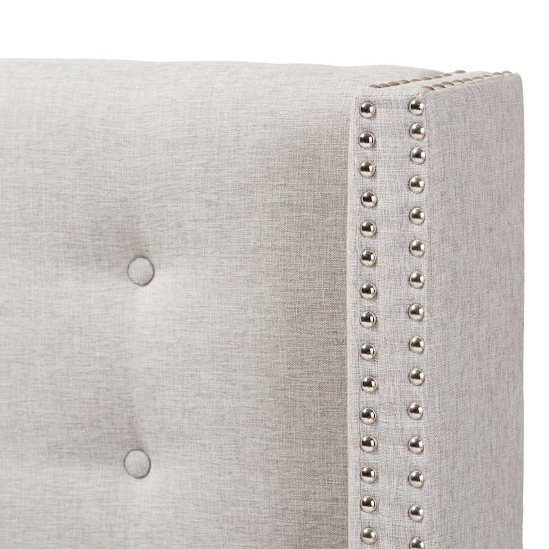 Modern Greyish Beige Fabric Winged Headboard Queen Size with Button Tufting and Nailhead Trim, Adjustable Mount