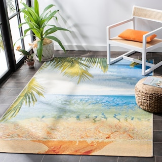 SAFAVIEH Barbados Nazan Tropical Indoor/ Outdoor Waterproof Patio Backyard Rug - Gold/Blue [8' x 10'5"] - 8' x 10'5"
