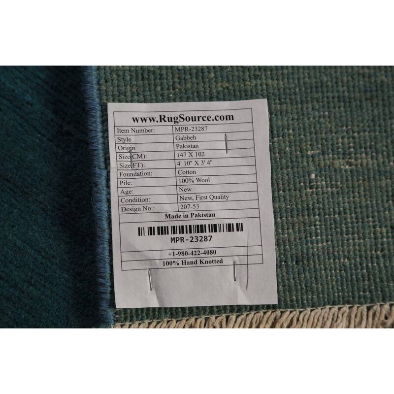 Teal Blue Gabbeh Modern Rug Hand-Knotted Foyer Wool Carpet - 3'4" x 4'10"