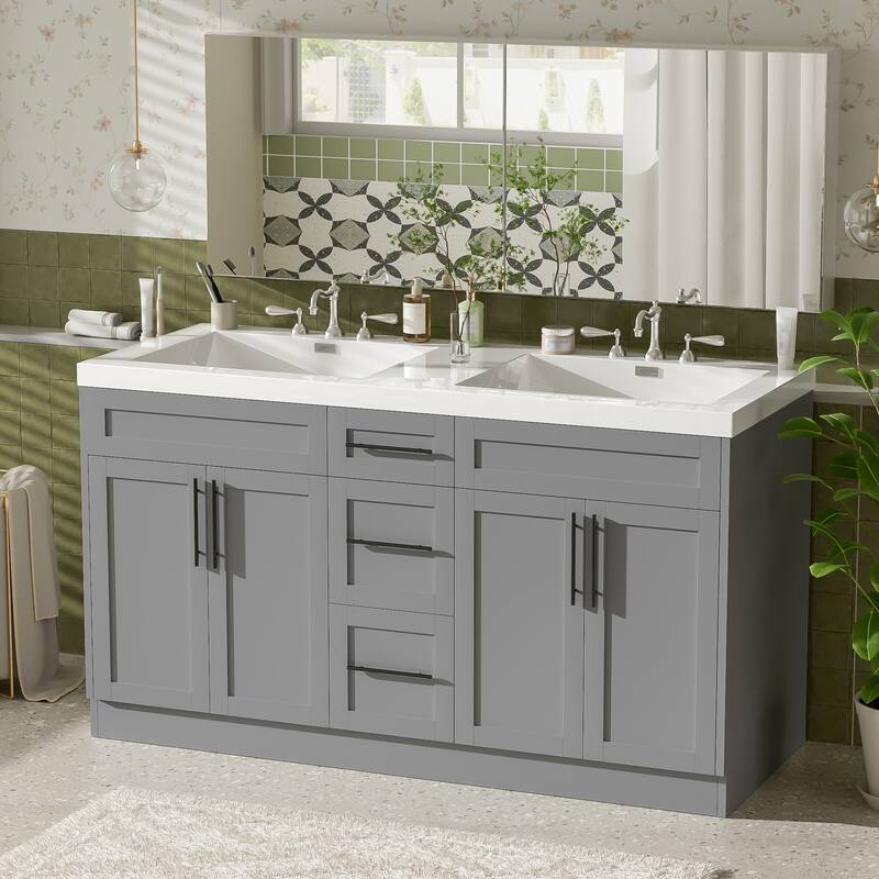 59" Double Sink Bathroom Vanity with SMC Top, Solid Wood Frame & Soft Close Doors, Gray Storage Cabinet