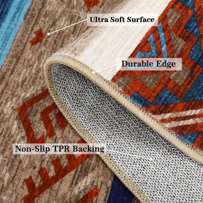 Area Rug Washable Living Room Rugs Vintage Geometric Area Rug Soft Low Pile Non-Slip Area Rug
