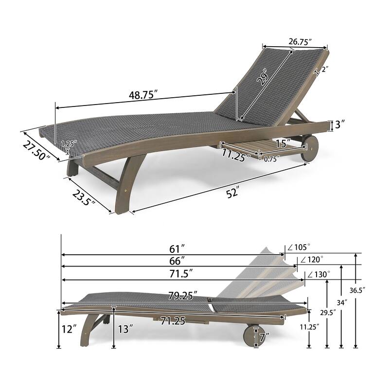 2-Piece Chaise Lounge Chairs with Wheels & Pull Out Side Tray, Adjustable Patio Wicker Reclining Chair