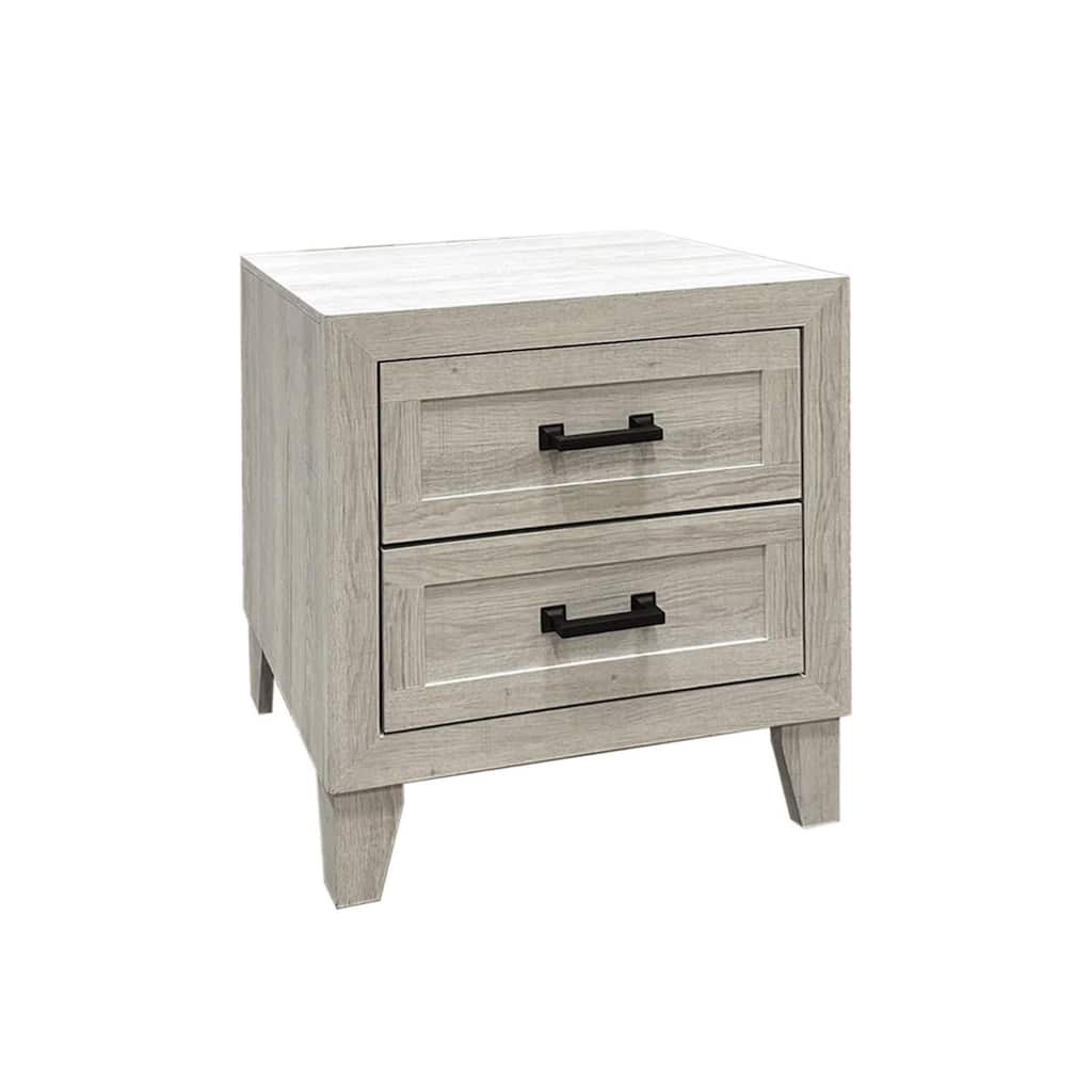 Miot Nightstand, 2 Drawers w Metal Handles, White Wash Wood, 24 Inch