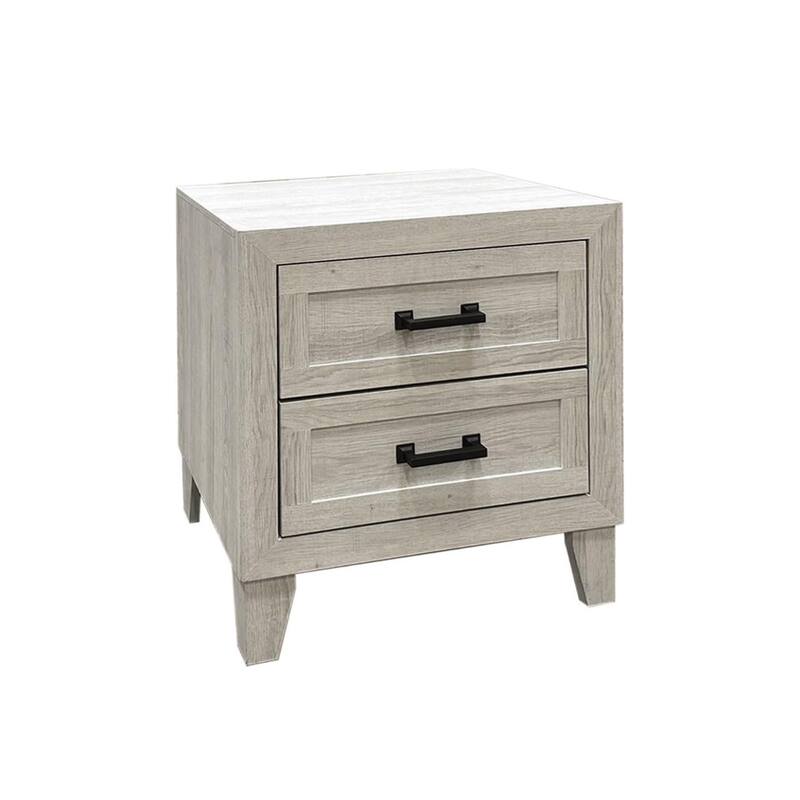 Miot Nightstand, 2 Drawers w Metal Handles, White Wash Wood, 24 Inch
