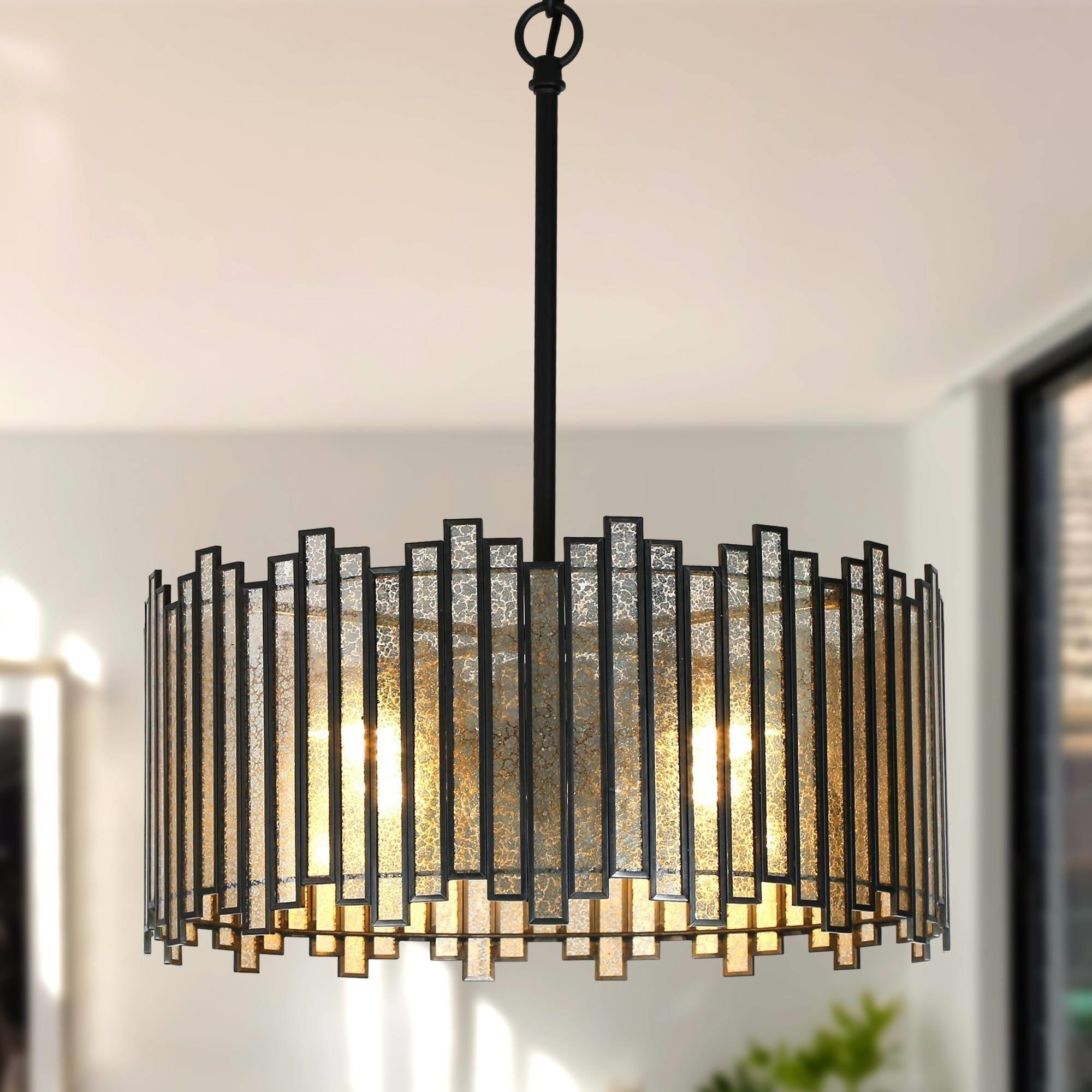 Tifany Modern 4-Light Drum Chandelier Textured Glass Pendant for Dining Room Bedroom Kitchen Island