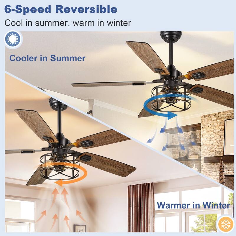 42-52Inch Caged Ceiling Fans with Lights: Dual Finish 5 Blades - Rustic with Remote Control (E26 Bulb Included)