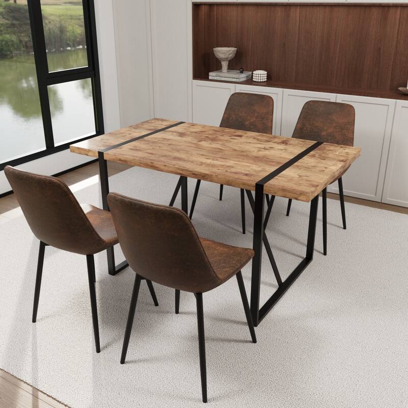 Modern 5-Piece Dining Set with Rectangular Table & 4 Square Corner Dining Chairs