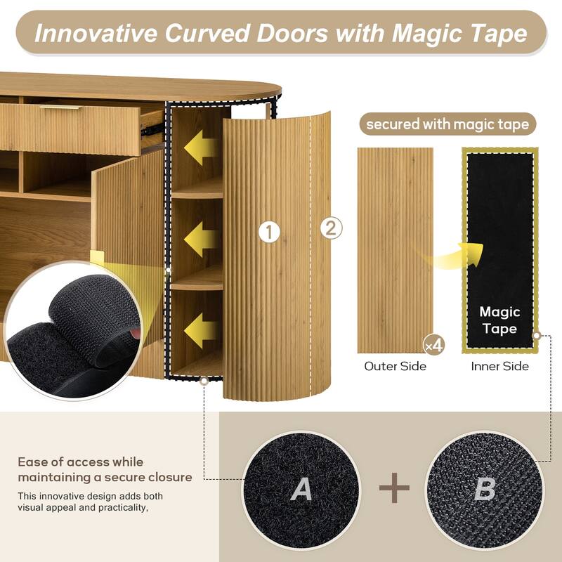 Modern Ribbed Storage Cabinet with Magic-Tape Curved Doors & Tiered Side Shelving by Harper&Bright Designs