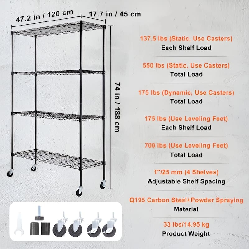 4-Tier Adjustable Heavy Duty Metal Storage Rack on Wheels - 47.2" x 17.7" x 74"