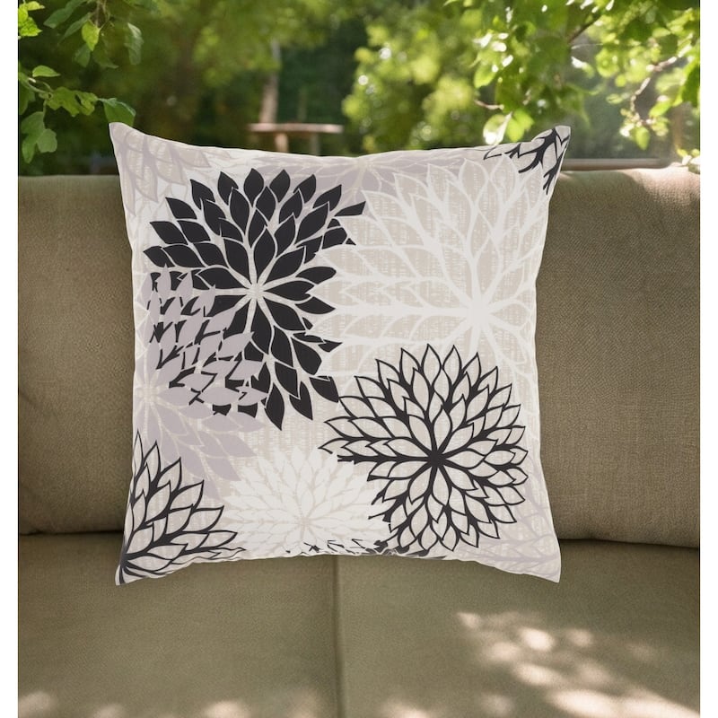 20" Black Gray and White Handmade Floral Indoor Outdoor Throw Pillow - Black Gray and White