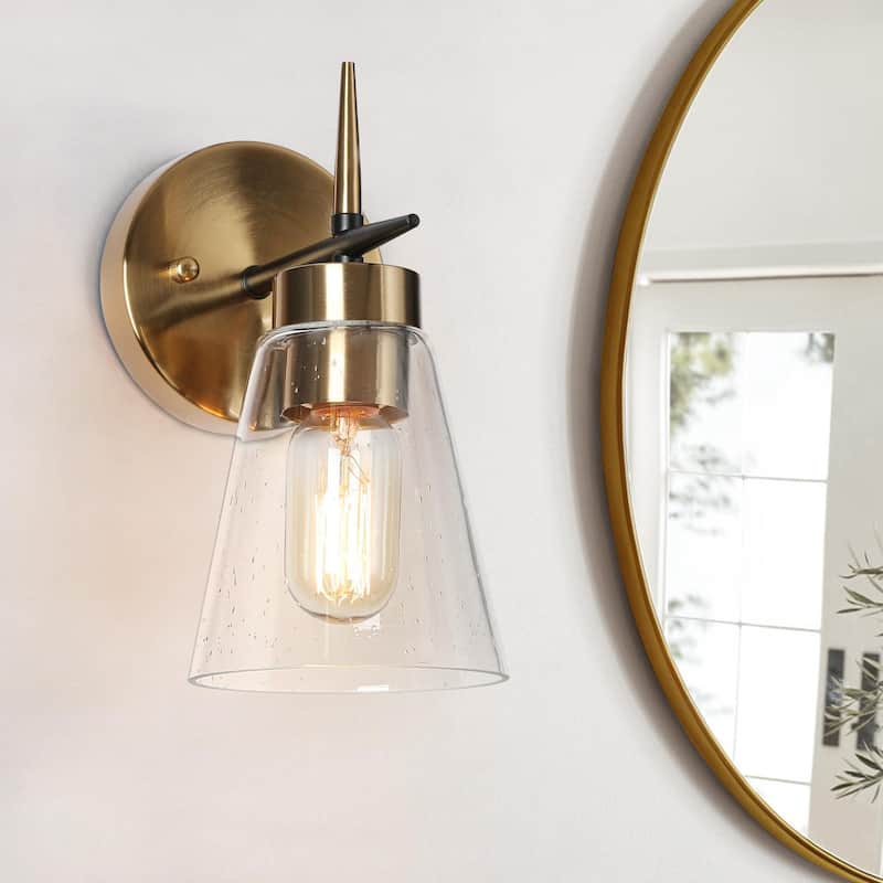 Aditi Mid-century Modern Black Brass Bathroom Sconce for Powder Room with Seeded Glass - L 5" * W 7"* H 10"