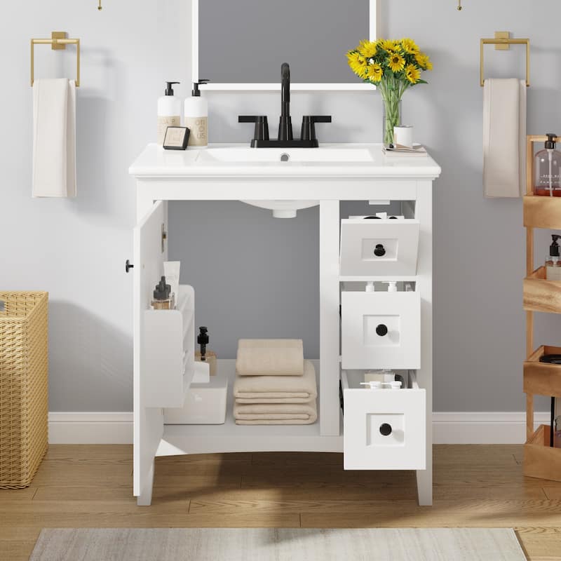 Modern Simple Bathroom Cabinet Freestanding Bathroom Vanity with Ceramic Sink, Tip-out Drawer, 2 Drawers and Side Door Organizer
