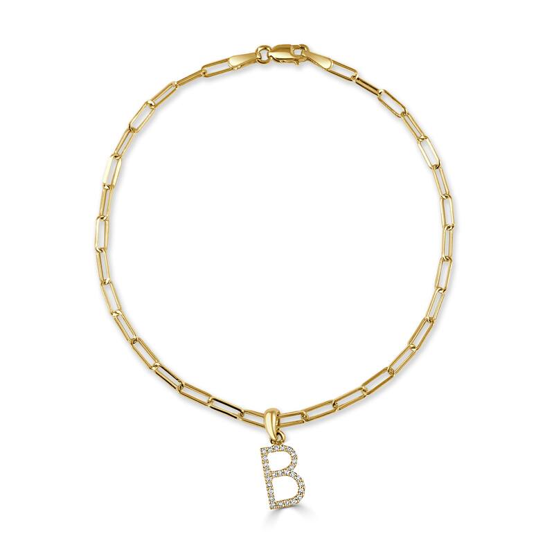 Joelle Collection Diamond Initial Letter A-Z Bracelet Paperclip 14K Gold 7" Chain 1/10 TDW Bracelet - B - Yellow