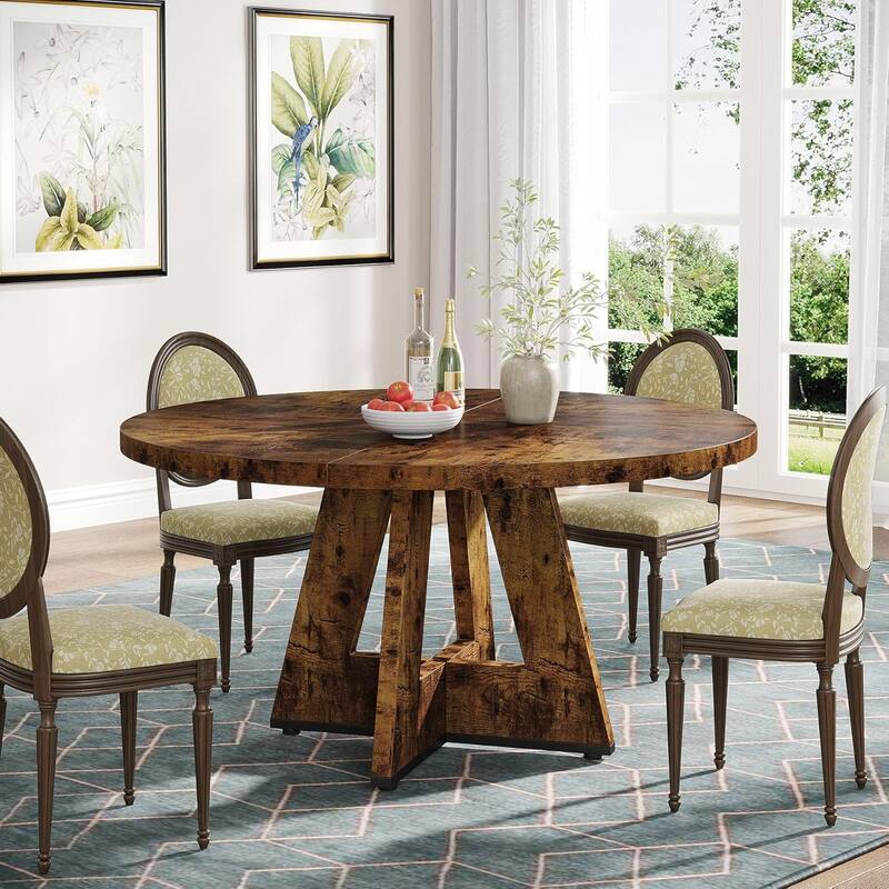 47" Round Dining Table for 4-6 People Rustic Wood Table with Pedestal Base for Kitchen Dining Room Living Room