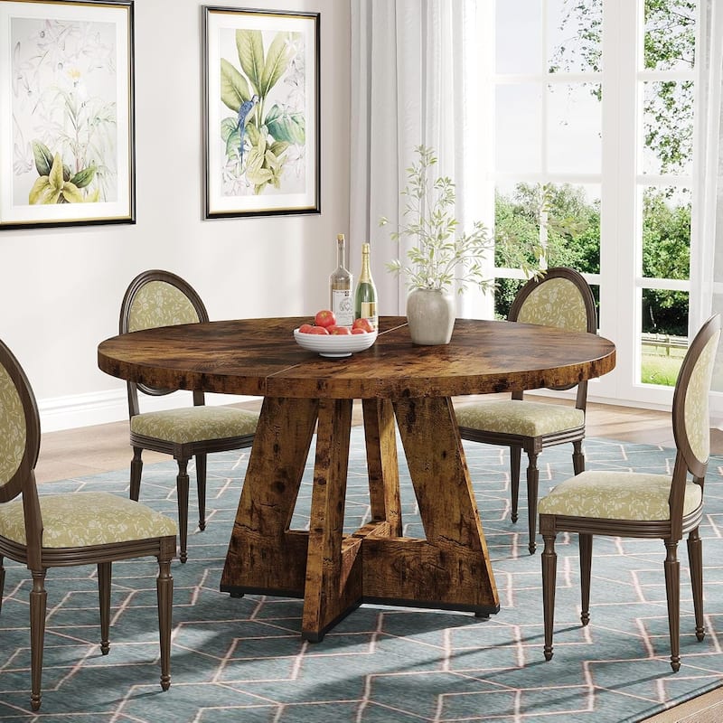 47" Round Wood Dining Table 4-Seater Farmhouse with Wooden Tabletop Cross Base for Dining Room/Kitchen - Vintage