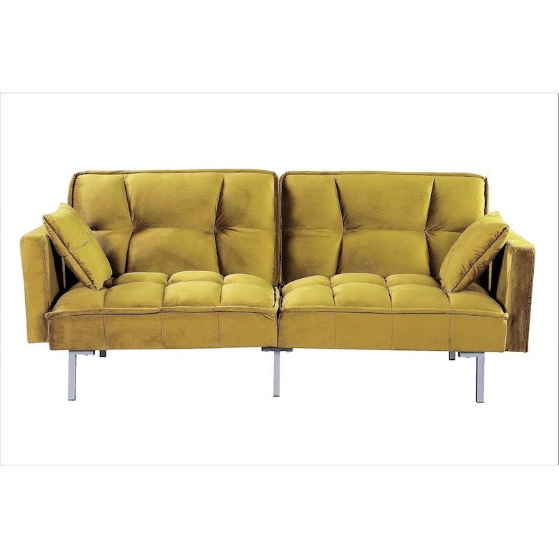Regal Convertible Sleeper Sofa Bed Velvet Pull Out Couch with Mid-Century Style Tufted Design and Metal Legs - Greenish Yellow