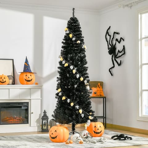 HOMCOM 6/7FT Artificial Christmas Tree with Stand, Xmas Pencil Tree with Halloween Style, Holiday Home Indoor Decoration