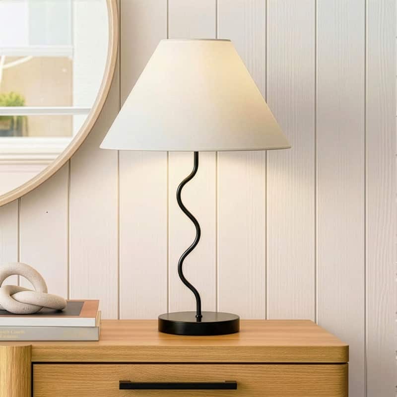 Brightech Squiggle Table 22" Classic Black Traditional Super Bright LED Contemporary Table Lamp with Ivory Fabric Empire Shade