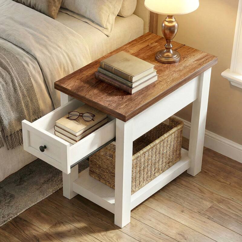 Farmhouse End Table with Wood Drawers and Charging Station, Sofa Side Table, Nightstand