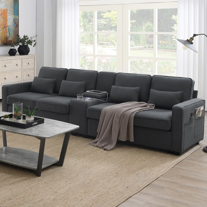 114.2" Upholstered with console, 2 cup holders and USB port (wired or wireless charging) with 4 pillows - Black