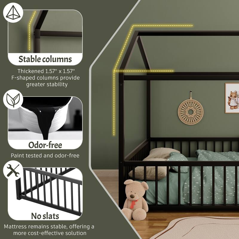 Montessori Metal House Bed with Low Entry & 3-Side Fence by Harper&Bright Designs