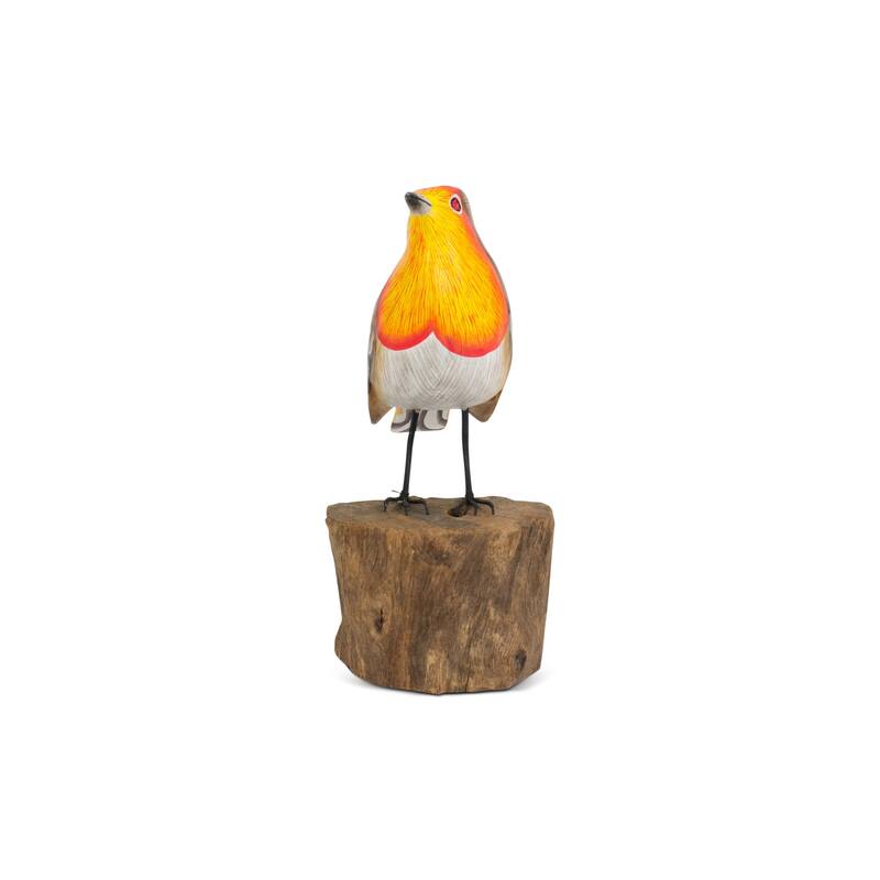 Wood European Robin Figurine - Hand Carved Songbird Sculpture, Rustic Bird Decor on Driftwood Base