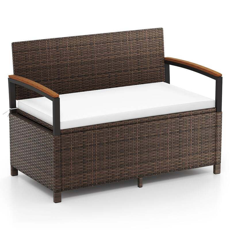 Gymax Outdoor Storage Bench w/Cushion Backrest & Acacia Wood Armrests