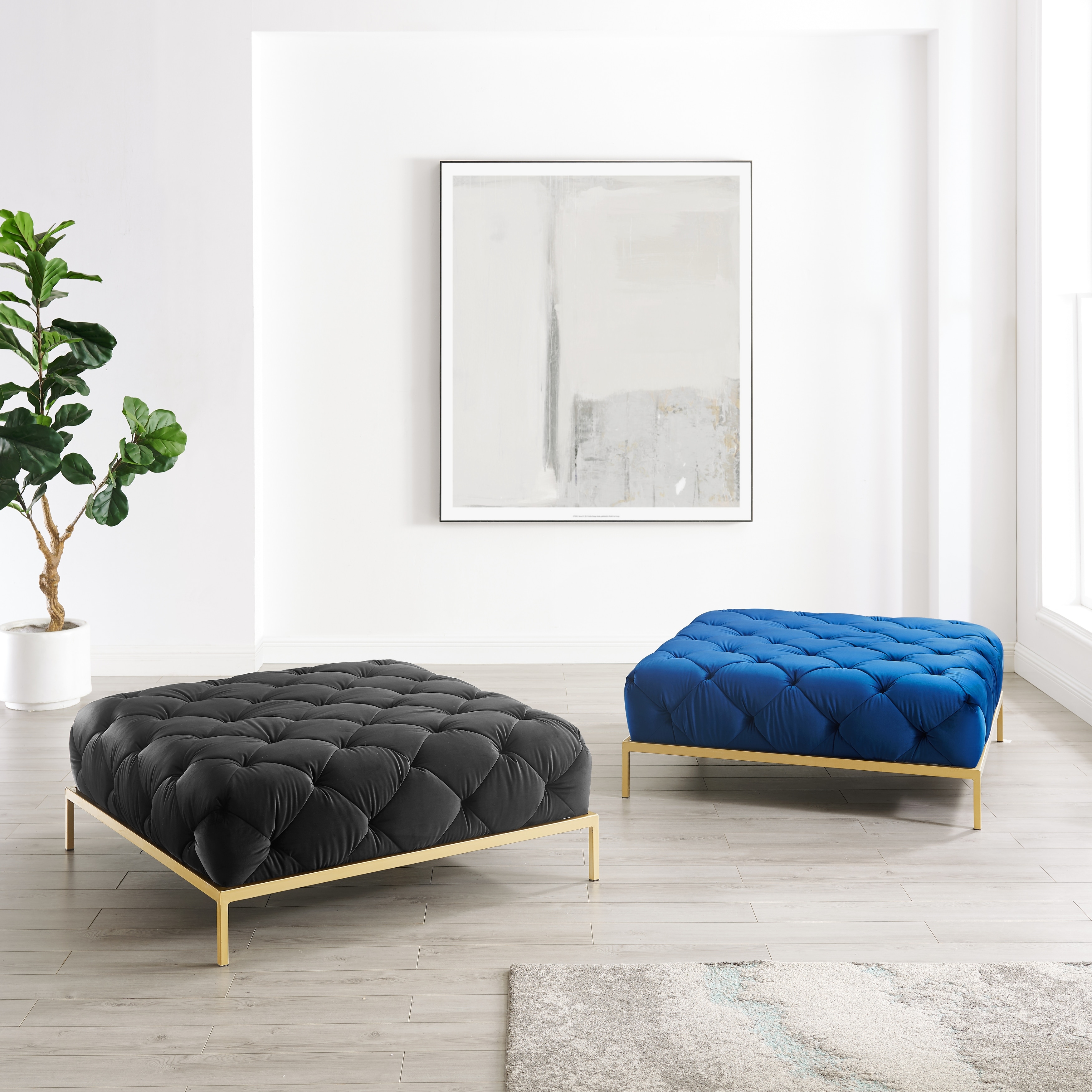 Corvus Kamdon Tufted Velvet Chesterfield Square Ottoman with Gold Leg Blue