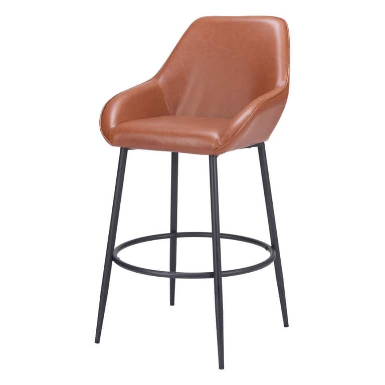 Set of Two 30" Brown And Black Faux Leather And Steel Bar Height Bar Chairs