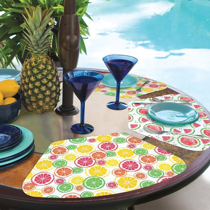 Fruity Summer Wedge Shaped Reversible Easy Care Flexible Plastic Placemat 4 Pack Made in The USA 17.75" x 11.25" Easily Wipes