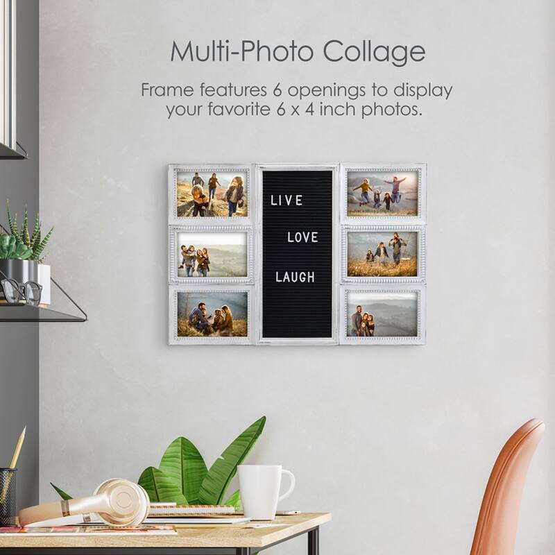 Melannco 6-Opening Distressed White Pin Board Collage Photo Frame, 20X14 Inch