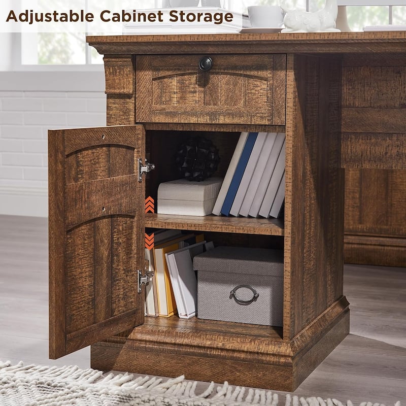 Farmhouse Computer Desk, Wood Home Office Desk with Charging Station