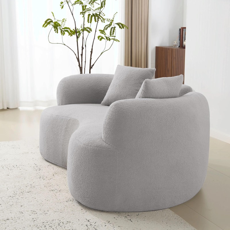 66.93" Curved Loveseat - White Full Compression Sponge Sofa with Teddy Velvet Fabric