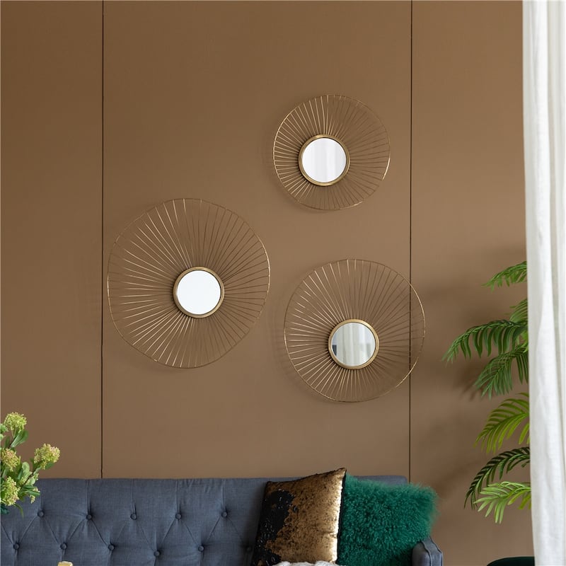 Set of 3 Wall Mirror Abstract designed Wall mirrors with Gold Frame - Gold