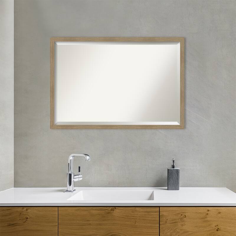 Woodgrain Stripe Beveled Wood Framed Bathroom Vanity Wall Mirror