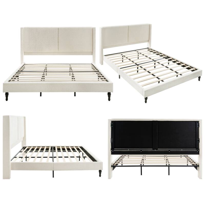 Boucle Upholstered Platform Bed with 55.5" High Wingback Headboard, Slats Support, Solid Wood Feet and Optional King or Queen