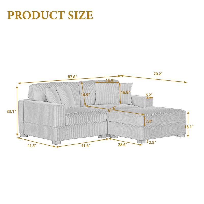 Ella 82" W/ 118" W Corduroy Modular Sectional Sofa with Ottoman