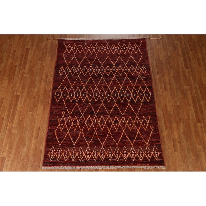 Hand Knotted Oriental 100% Wool Carpet Modern Tribal Red Moroccan Area Rug - 7' 8'' X 5' 7''