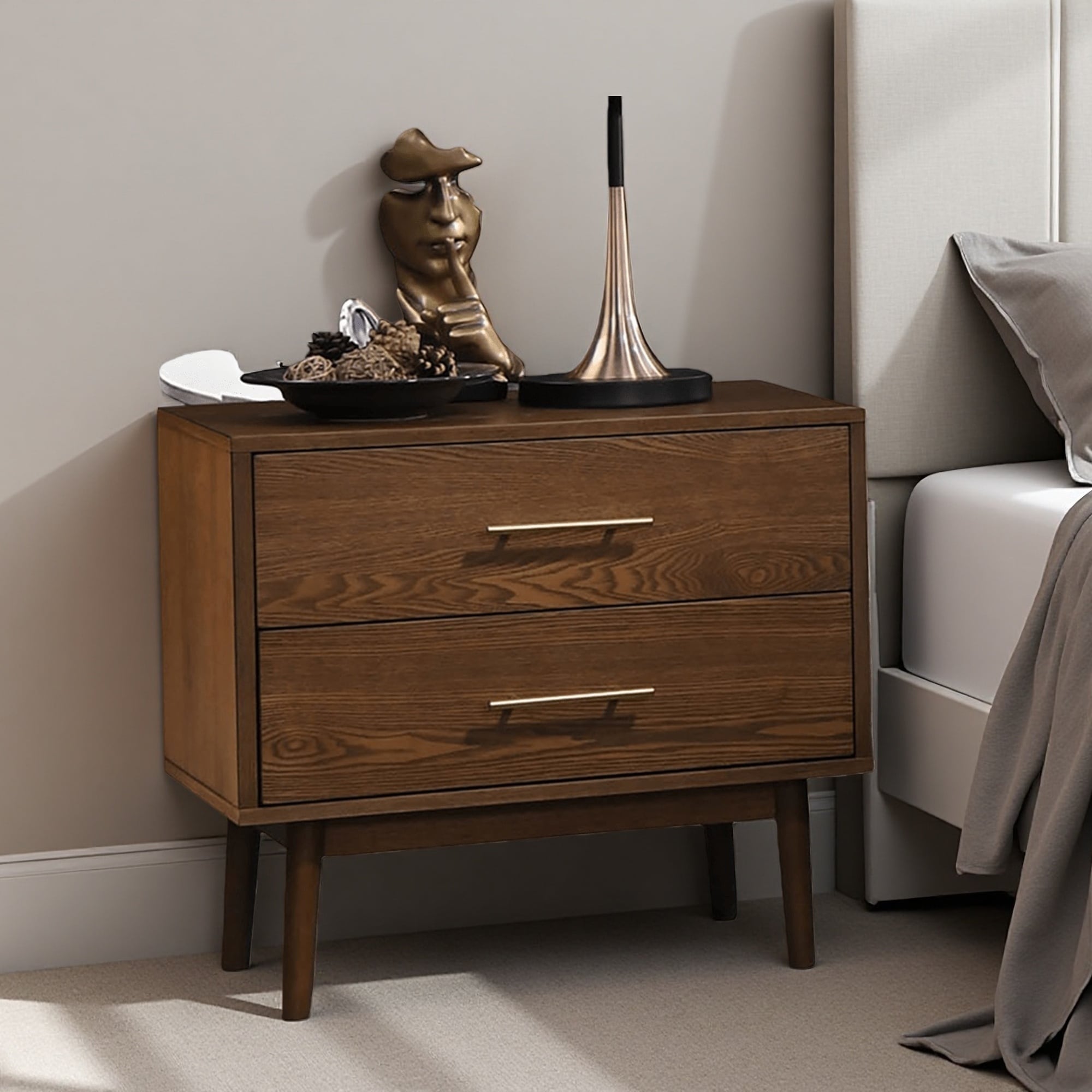 23"L Solid Wood Mid-Century Modern 2-Drawer Bedroom Nightstand with Round Tapered Legs, Nickel Bar Pulls, Anti-Tip Interlock