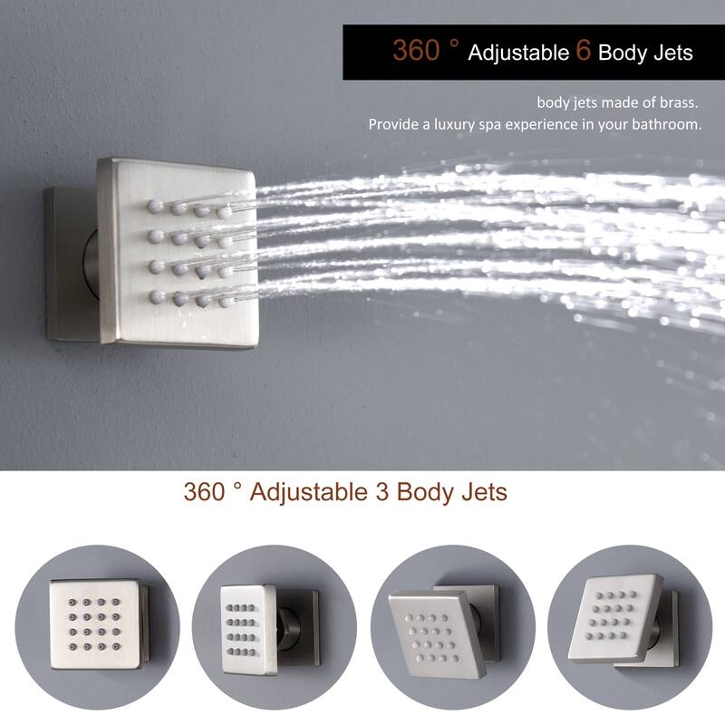 Luxury 4-Spray Patterns 23 in. Ceiling Mount Shower System with Handheld Shower Head, 6 Body Jets, LED, and Music - 15" x 23"