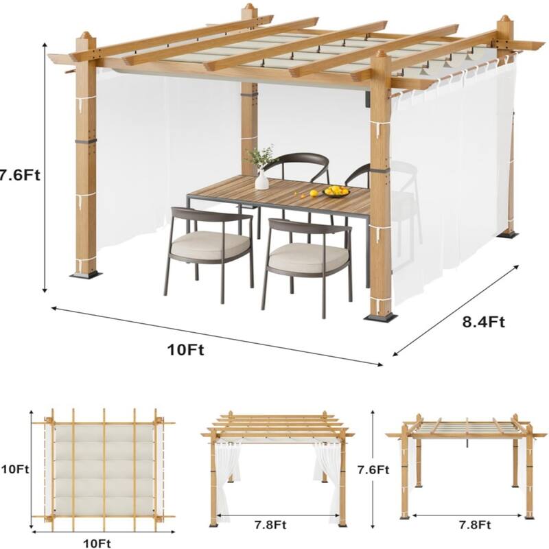 10*13FT mesh aluminum flower stand, imitation wood grain column, off-white curtain, white mesh