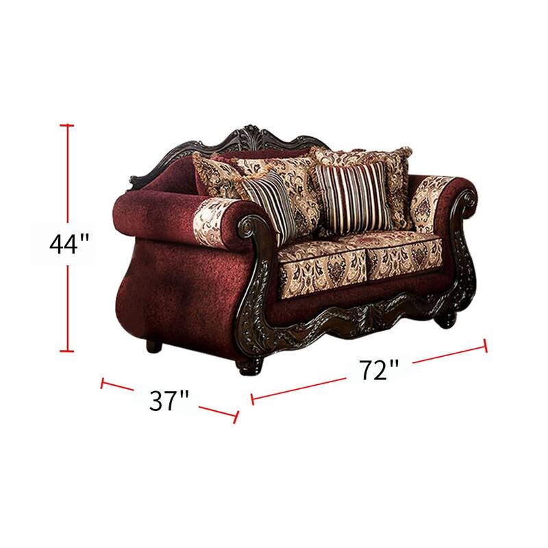 Chenille Upholstered Loveseat With Pillows, Burgundy and Brown