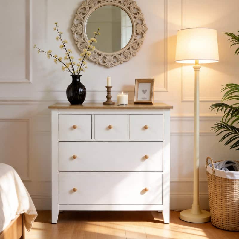 5 Drawer Dressser with Solid Wood Knobs - White