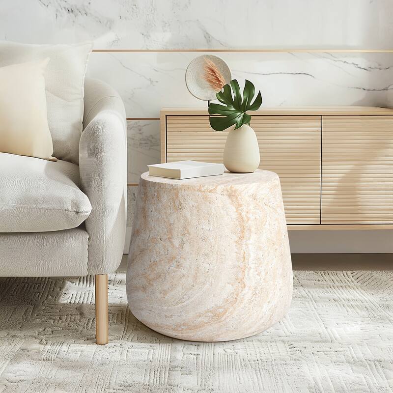 Barrel Travertine Stone Finish Italian Design MgO Side Accent Table - 18.8"x18.8"x16.1"