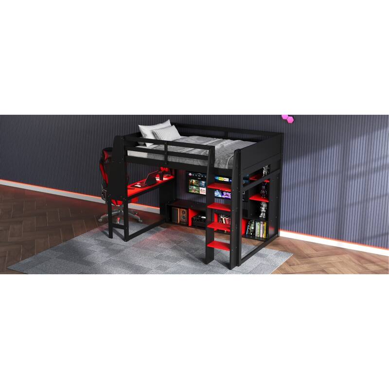 Roomfitters Twin/Full Gaming Loft Bed with Desk, Hanging Rack and LED Lights, Black and Red