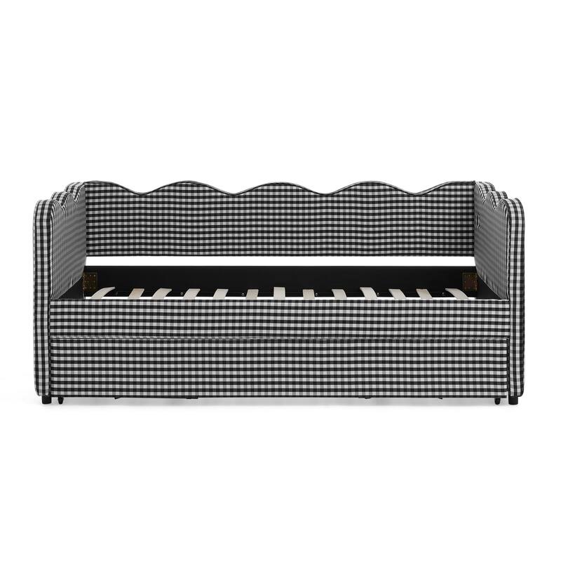 Twin Size Gingham Daybed Upholstered Sofa Bed with Trundle, Wave Shaped Armrest & Backrest, USB Port, No Box Spring Needed