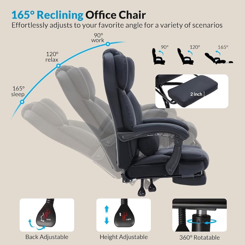 Office Chair with Foot Rest, Executive Office Chair with Arms, Reclining Computer Chair with Wheels and Lumbar Support